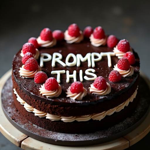 black forest gateau cake, spelling out the words "PROMPT THIS", tasty, food photography, dynamic shot