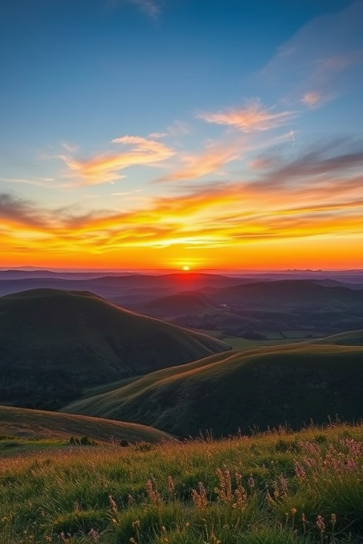 Create a high-resolution image of a serene landscape featuring rolling hills and a vibrant sunset with warm hues, using a DSLR camera with a 50mm lens at f/2.8, ISO 100, and a shutter speed of 1/200s, capturing a wide-angle view for depth and detail.