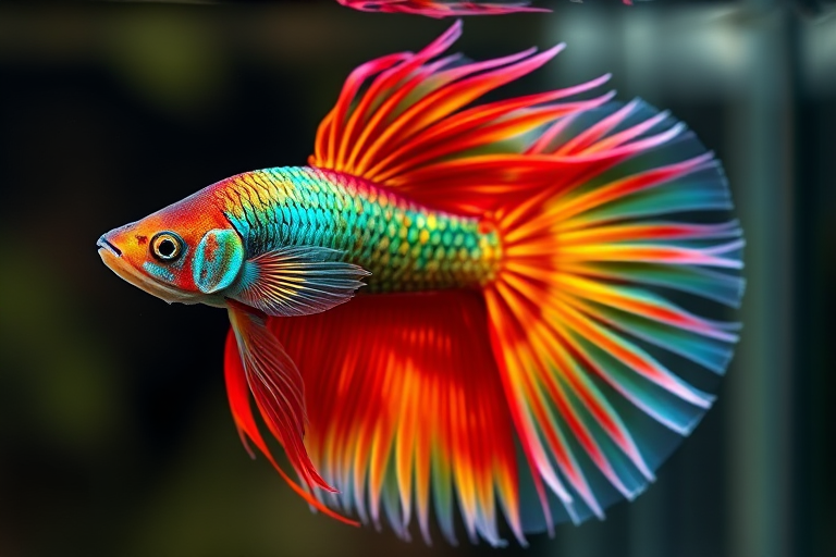 Regenerate an image of a colorful betta fish with flowing fins, high detail, vibrant colors, shot from a slightly above angle, using a DSLR camera at 50mm focal length, aperture f/2.8, ISO 100, in natural light for enhanced clarity and texture.