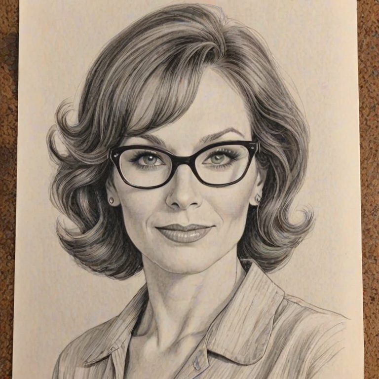 Stunning Marilu Henner, pencil sketch, portrait of Fetching woman 1952s in glasses, hair style beatnik, outline, clear lines, fine lines, 8k