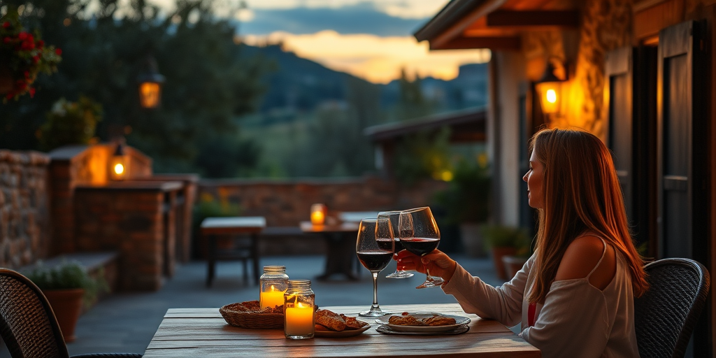 Warm, softly lit image of a couple sipping wine on a rustic patio at sunset, soft glow from lanterns casting warm shadows, the smell of fresh bread and olive oil in the air, and the feeling of romance.