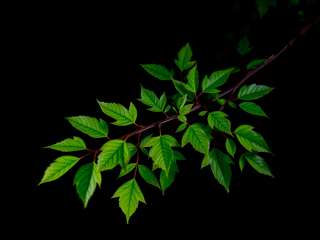 Generate a high-resolution image of a tree branch with lush green leaves against a black background, using a DSLR camera with an aperture of f/4, shutter speed of 1/200s, ISO 100, focal length of 50mm, and a low-angle view to enhance detail and depth.