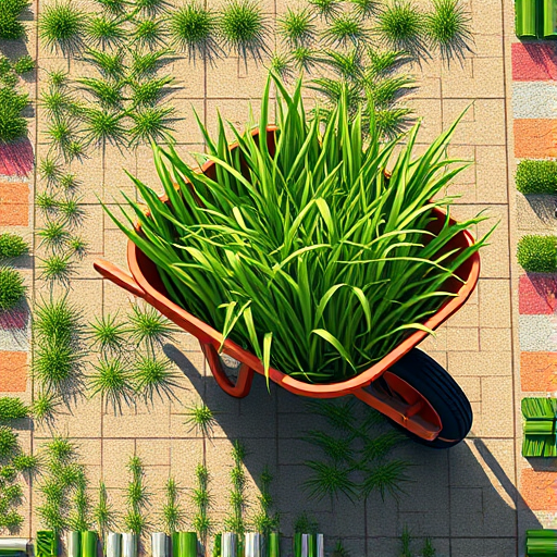 Create a high-resolution illustration of a wheelbarrow filled with fresh green grass, shot in a top-down view with a DSLR camera, aperture set to f/2.8 for a shallow depth of field, ISO 100, 50mm lens, and bright natural lighting to enhance color vibrancy and sharp details.