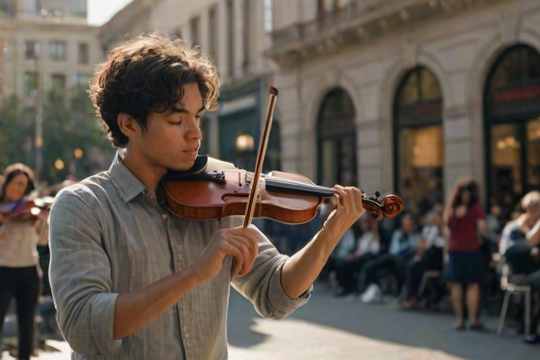 Sharp, detailed image of a street musician playing violin in a busy plaza, sunlight glinting off the strings, people walking by, some stopping to listen, soft shadows cast by the surrounding buildings, the distant sound of city life in the background.