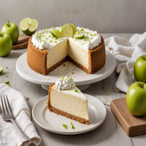 Generate an image of a delicious, creamy cheesecake with a graham cracker crust. The cake is topped with whipped cream and slices of green apple, garnished with lime zest. A slice of the cheesecake is served on a plate next to the whole cake, which is displayed on a white wooden table. Include a soft, neutral-colored cloth underneath and a vintage knife and fork beside the plate.