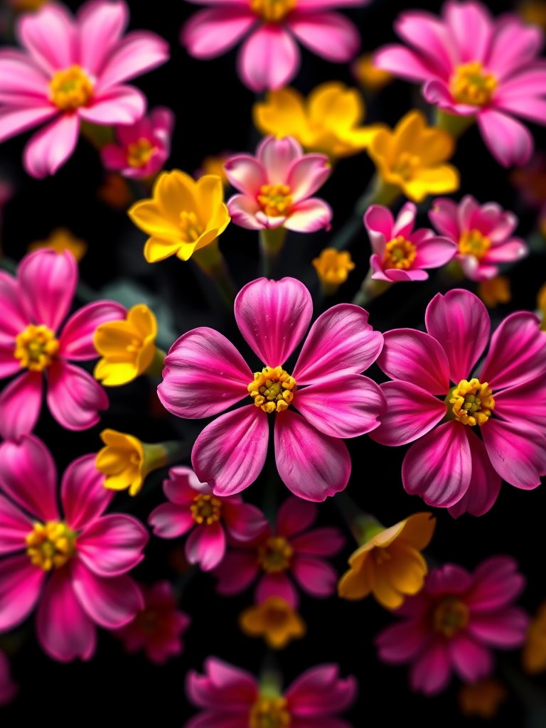 Generate a vibrant fractal pattern featuring pink and yellow flowers on a black background, captured with a high-resolution DSLR camera, 50mm lens, f/1.8 aperture, ISO 100, using a shallow depth of field to enhance details and colors.