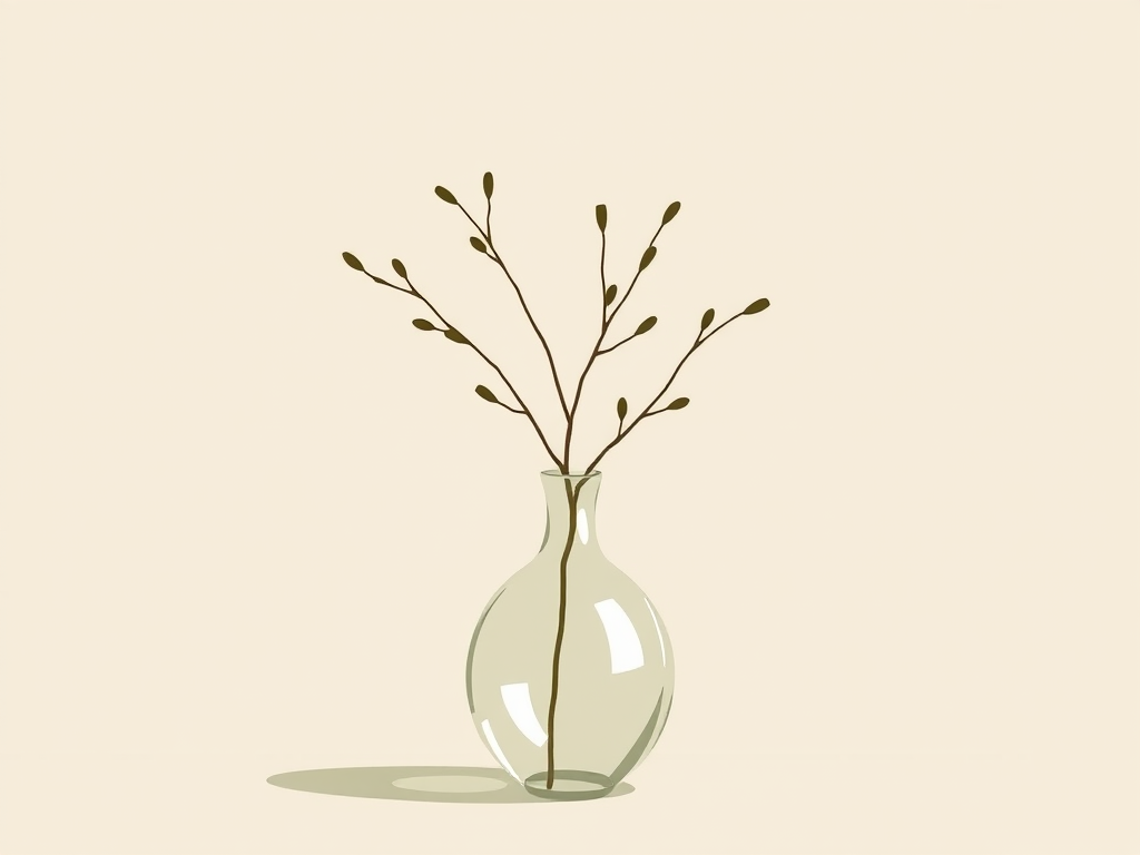 Regenerate a minimalist illustration of a vase with a single branch, featuring organic line art and soft, abstract shapes in muted green and beige tones, captured with a Canon EOS R5, 50mm f/1.8 lens, f/2.8 aperture, ISO 100, natural lighting, soft focus view for an artistic effect.