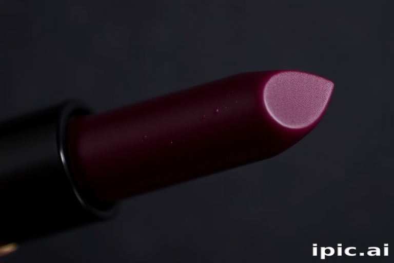 Matte deep plum lipstick called "Midnight Velvet" with a velvety texture, long-lasting wear, and a hint of metallic shimmer, ideal for sophisticated evening events