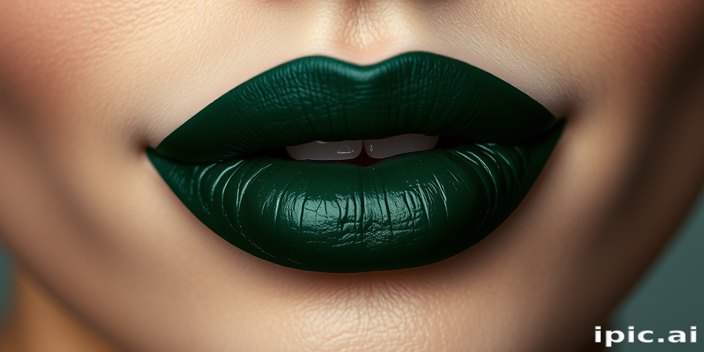 Deep forest green lip stain with a matte finish offers an avant-garde aesthetic, accentuating the lips' natural shape and texture in an unconventional hue