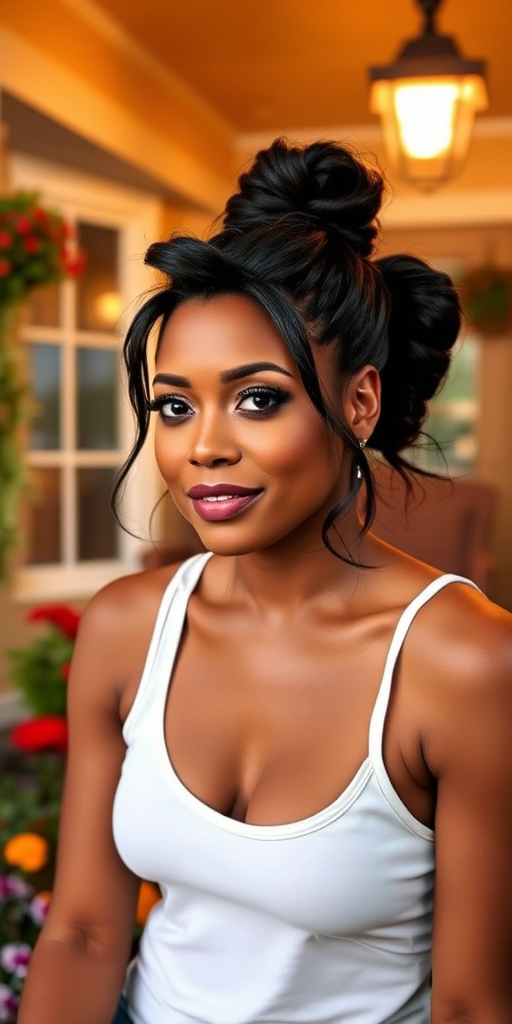 A photo of Taraji P. Henson with a background of a cozy porch. She has dark hair pulled back in an updo, with tendrils framing her face. She wears a white tank top and sits on the porch. The porch is part of a well-lit home with a warm, earthy tone and colorful flowers and foliage. The overall scene has a warm, welcoming, and comfortable ambiance.