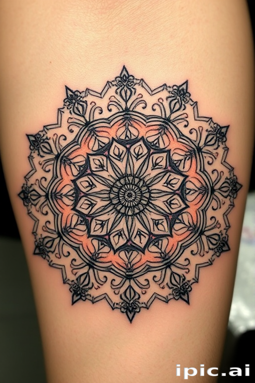 Ornate mandala tattoo called "Sacred Symmetry" showcasing intricate patterns radiating from a central point with delicate dotwork shading and precise geometric shapes