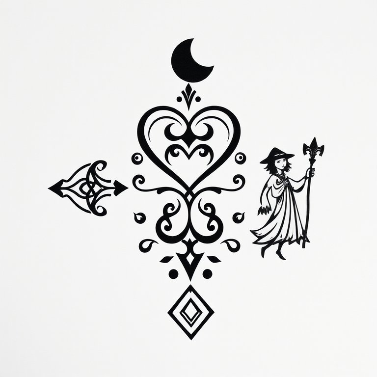 Create an intricate black and white design featuring four stylized designs: a crescent arch at the top, a heart-shaped emblem with intertwined elements at the center, a whimsical figure holding a staff on the right, and a diamond-shaped pattern at the bottom left, shot with a DSLR camera, ISO 100, aperture f/8, 50mm lens, with natural lighting to enhance fine details and contrast.