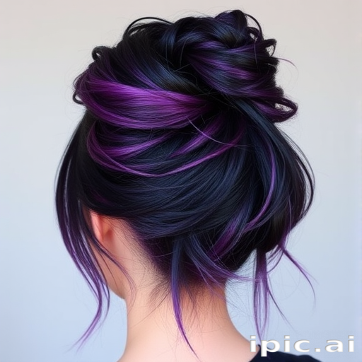 Jet black to deep violet ombre styled in a high messy bun, named "Midnight Orchid" look, showcasing loose tendrils and a deliberately undone appearance
