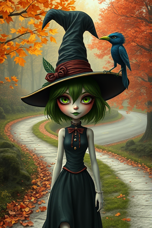 digital art fantasy depicting a strange girl with green hair, long eyelashes, green lipstick and a tall hat walking along a winding road on an autumn afternoon, an Umbrellabird smiles as she passes