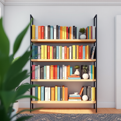 Create a high-resolution digital illustration of a modern bookshelf filled with colorful books and decorative items, use a DSLR camera with a 50mm lens, aperture f/2.8, ISO 100, soft natural lighting, and a shallow depth of field to emphasize the bookshelf details.