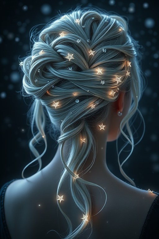 Ethereal moonlight silver strands flow like liquid starlight, arranged in an intricate updo with delicate crystal accents, evoking the mystery of the night sky