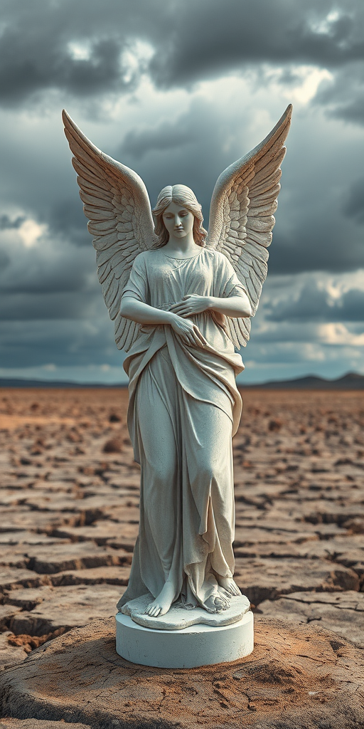 Create a high-resolution image of a marble angel holding a woman in a desolate cracked earth landscape under a dramatic cloudy sky, captured with a Canon EOS R5, 35mm lens, f/11 aperture, ISO 100, soft focus effect.