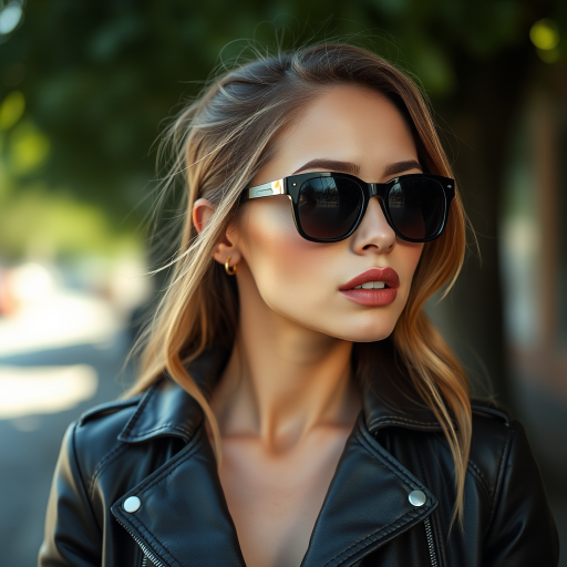 Outdoor shot, stunning female model, vintage leather jacket, sunglasses, cinematic effect, Position the camera at the model’s eye level using a 35mm f/1.4 lens
