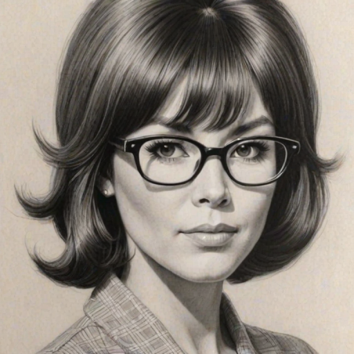 Appealing Michele Lee, pencil sketch, portrait of Pleasing woman 1963s in glasses, hair style beatnik, outline, clear lines, fine lines, 8k