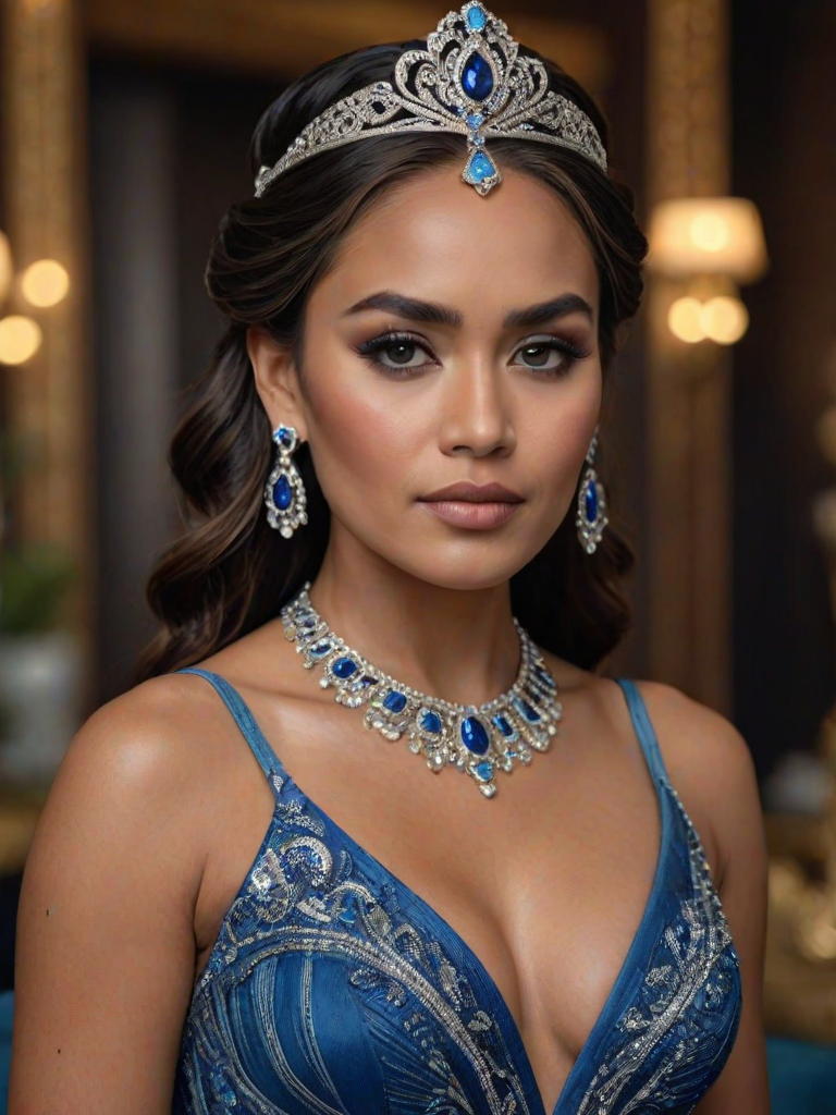 A gorgeous Maori woman in a luxurious blue gown, accessorized with a dazzling tiara and statement earrings, her deep black eyes highlighted by impeccable makeup, poised in a royal setting, photorealistic, 8K quality
