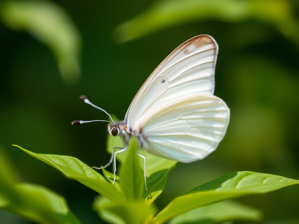 Close-up of a white butterfly perched on green leaves, shot with a DSLR camera at f/2.8, 100mm macro lens, ISO 200, natural light, shallow depth of field for a soft background.