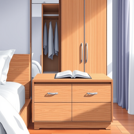 Create a modern illustration of a wooden bedside table with two drawers and an open book on top, beside a sleek wardrobe with a full-length mirror, using a high-resolution digital tablet, 4K resolution, wide-angle view, vibrant color palette, and soft lighting effects to enhance the image quality.