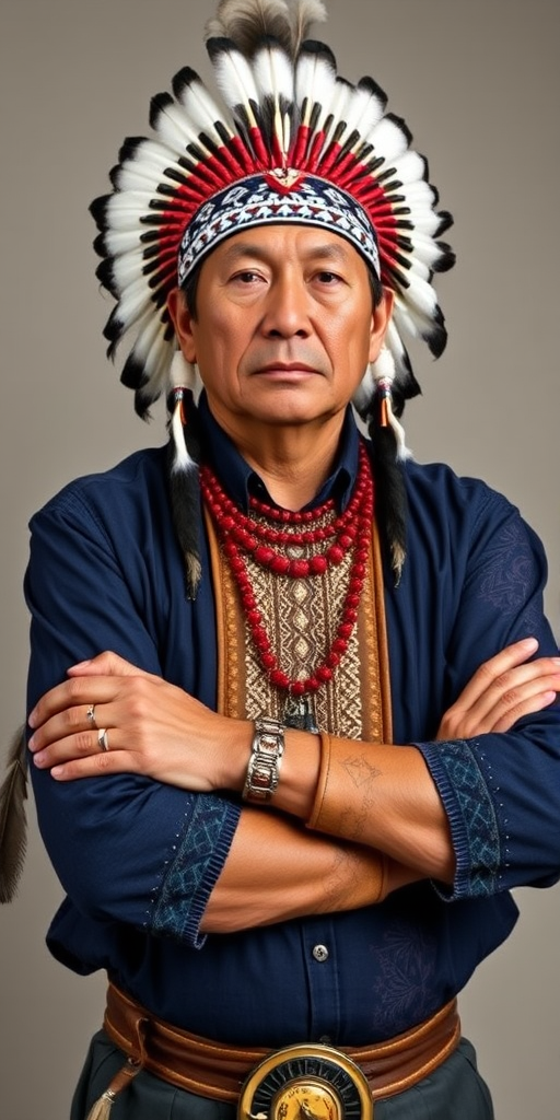 Create a dignified portrait of a Native American man dressed in traditional attire. He wears a beautifully crafted headdress adorned with white feathers and red beads, along with a beaded headband featuring intricate patterns. His clothing includes a deep blue, patterned shirt and a traditional chest piece with detailed beadwork. His arms are crossed, displaying leather armbands decorated with feathers. The background is simple and neutral, emphasizing his proud and stoic expression. The overall image captures the rich cultural heritage and strength of his persona.