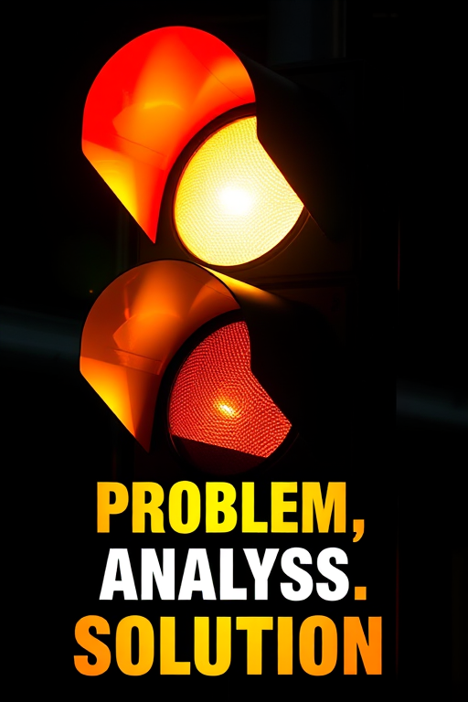 Create an image of a traffic light with red, yellow, and green lights shining brightly, alongside the words Problem, Analysis, and Solution in bold, colorful fonts; use a DSLR camera, f/8 aperture, ISO 100, 50mm lens, and a sharp focus with a slight vignette effect to enhance image quality.