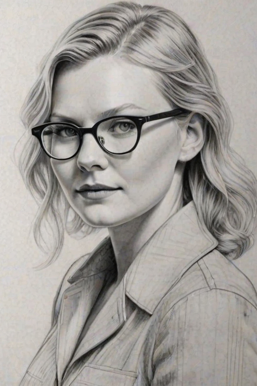 Fascinating Kirsten Dunst, pencil sketch, portrait of Stunning woman 1938s in glasses, hair style beatnik, outline, clear lines, fine lines, 8k