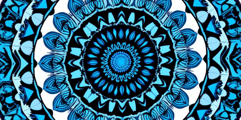 Create a high-resolution circular mandala design featuring intricate patterns in shades of blue and black, using a DSLR camera with a 50mm lens, aperture set to f/2.8, ISO 100, and a shallow depth of field for enhanced detail and clarity.