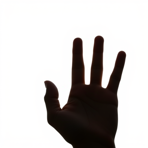 Generate an image of a raised hand silhouette against a white background, using a DSLR camera with a 50mm lens, aperture set at f/1.8, shutter speed at 1/200 sec, and ISO 100, in natural light for enhanced detail and contrast.