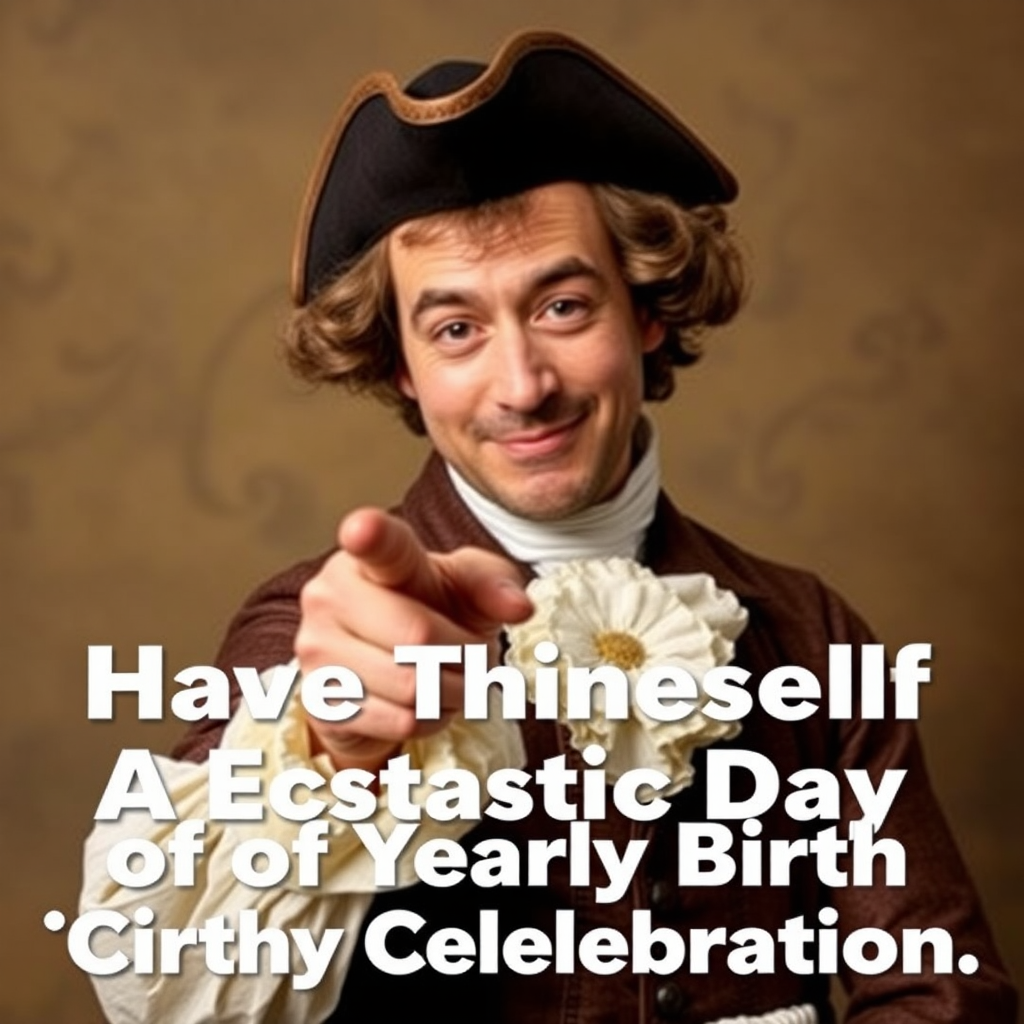 Create an image of a historical figure dressed in 18th century attire with a playful expression pointing towards the viewer. The background should be a warm, muted color to give an inviting feel. Overlay the text "Have Thineself A Ecstatic Day of Yearly Birth Celebration" in a bold, easy-to-read font.