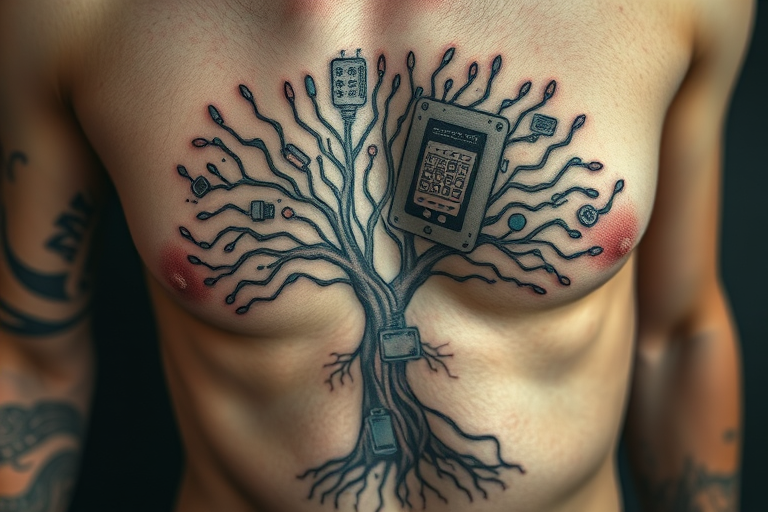 Surrealist tattoo combining elements of nature and technology on the ribcage, featuring a tree with circuit board branches and digital leaves in muted earth tones