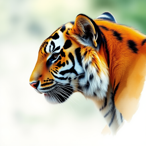 Create a high-resolution watercolor painting of a tiger's head in profile with intricate details, using a Canon EOS R5, ISO 100, f/8, 1/250s, natural light, shallow depth of field, and a soft focus background to enhance the tiger's features and colors.