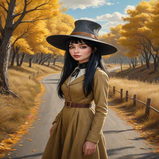 digital art fantasy depicting a strange girl with black hair, long eyelashes, Yellow lipstick and a tall hat walking along a winding road on an autumn afternoon, an Numbat smiles as she passes