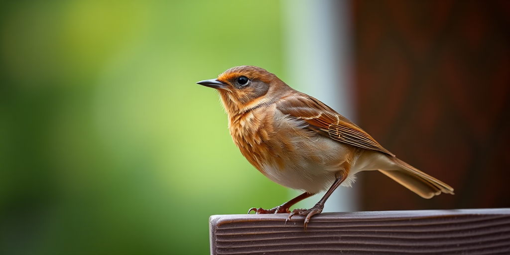 A close-up shot of a brown bird perched on a wooden ledge, soft focus background, shot with a DSLR camera at f/5.6, ISO 200, 1/250s, in natural light to enhance detail and texture.