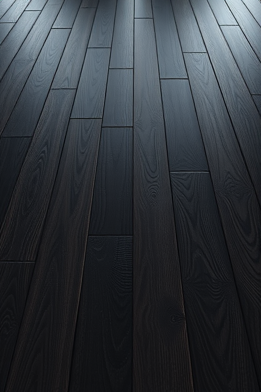create a highly detailed 3D rendering of a dark wooden floor with a focus on texture and lighting, using a wide-angle lens, f/8 aperture, ISO 100, and a perspective view to enhance depth and realism.