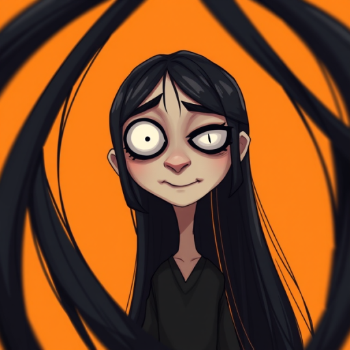 Create a digital illustration of a stylized character with exaggerated features, featuring long black hair and a playful, eerie expression with mismatched eyes, in a soft, orange background; use a Canon EOS R5 with a 50mm lens, aperture f/1.8, ISO 100, and employ a shallow depth of field for a vivid focus on the character.