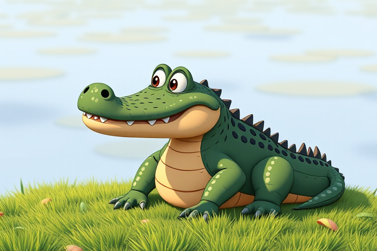 Create a high-resolution image of a cartoon alligator sitting on a grassy area, using a Canon EOS 5D Mark IV camera with a 50mm lens at f/1.8, ISO 100, and a natural daylight setting for enhanced colors and details.