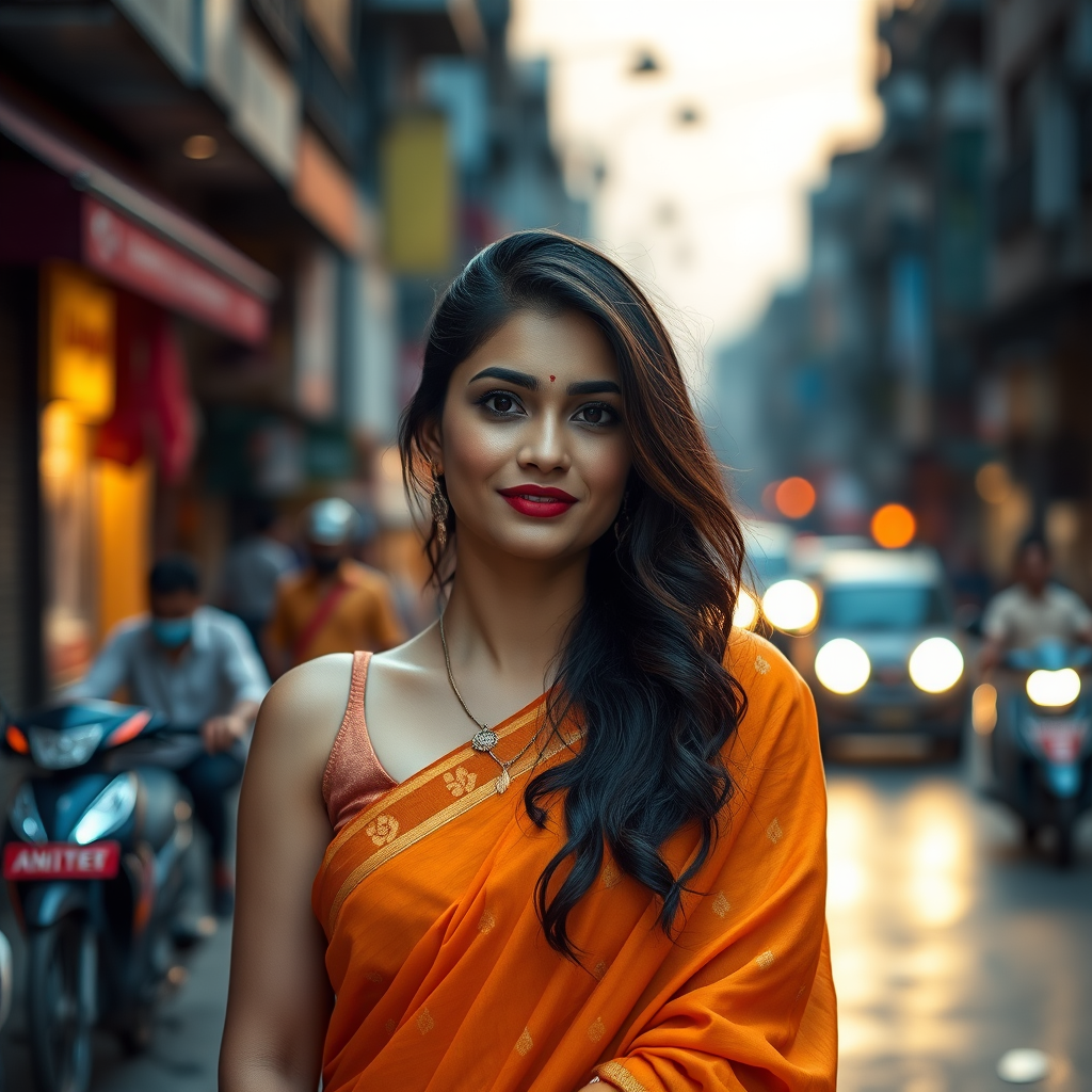 Capture a portrait of a beautiful woman wearing an orange saree in a vibrant urban street setting at dusk, using a Canon EOS R5 with a 50mm f/1.2 lens, aperture set to f/1.8, ISO 200, shutter speed 1/200 sec, golden hour lighting for soft highlights, and a shallow depth of field to blur the bustling background.