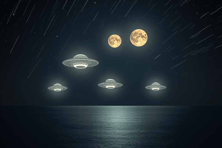 A serene night scene featuring three illuminated UFOs hovering above a calm ocean under a full moon, with shooting stars streaking across a starry sky, captured with a DSLR camera at f/8 aperture, ISO 400, and a 24mm wide-angle lens, using a soft focus style to enhance the ethereal quality of the image.