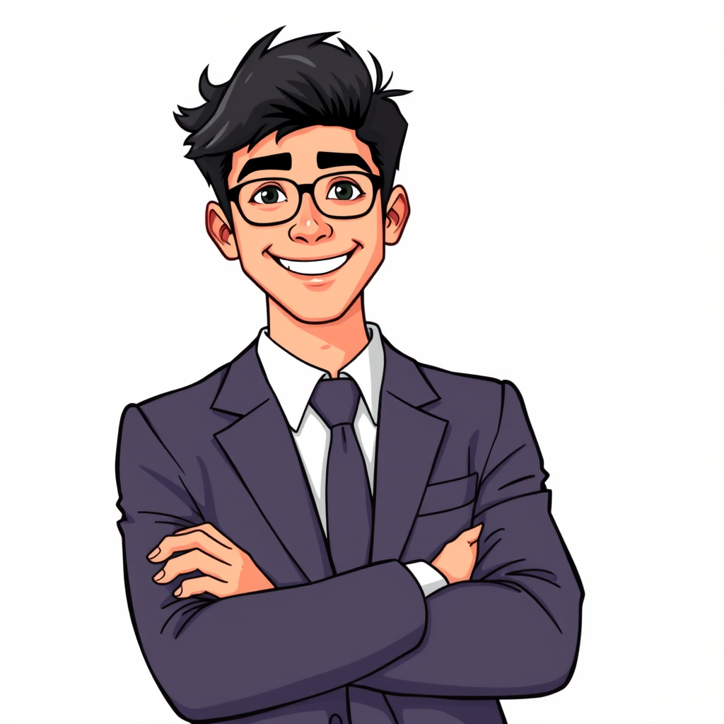 Create a vibrant, high-resolution cartoon-style image of a young businessman with a friendly smile, wearing a suit and tie, arms crossed, set against a clean white background, shot with a Canon EOS 90D at f/4.0, ISO 100, 35mm lens, with soft lighting for a professional appearance.