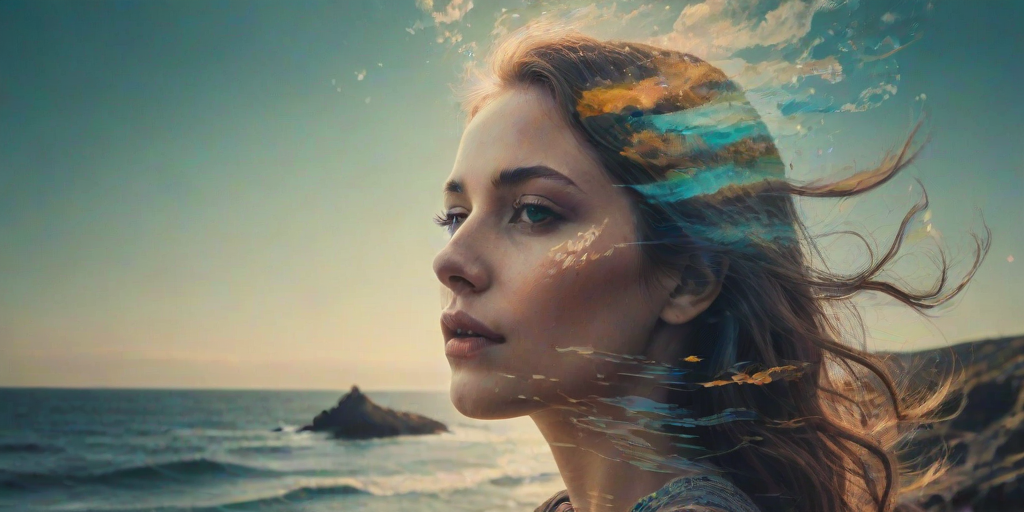 this picture is Book cover, A surreal double exposure portrait that blends a woman's face with a beautiful seascape. The overall mood is dreamy and mystical, with rich colors and intricate details