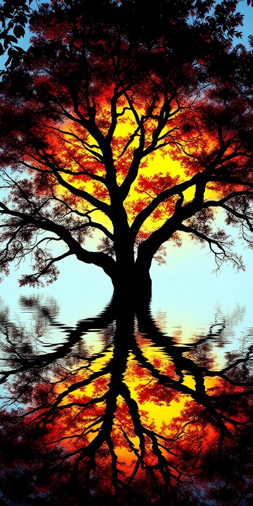 Create a vibrant silhouette of a tree with detailed branches and foliage reflected in a calm body of water, use a DSLR camera with a 50mm lens, aperture f/1.8, shutter speed 1/200s, ISO 100, wide-angle view, and natural lighting to enhance clarity and contrast.