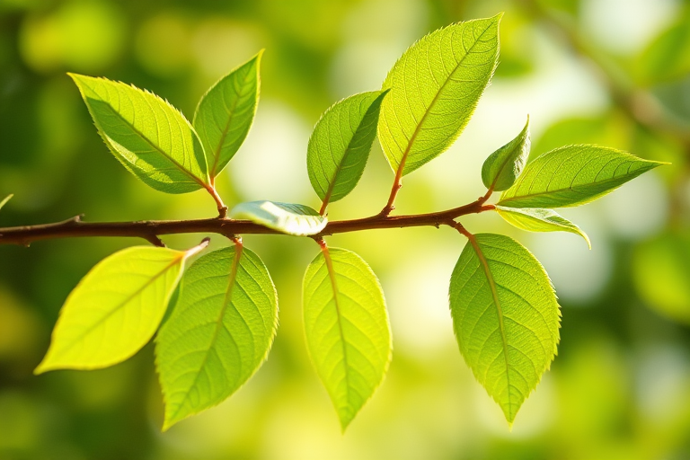 create an illustration of a simple branch with green leaves, close-up view, shot with a DSLR camera at f/2.8 aperture, 50mm lens, natural lighting to enhance detail and texture