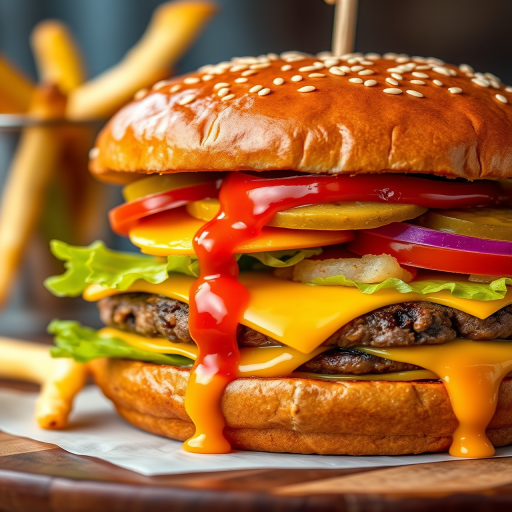 High-resolution, close-up image of a gourmet double cheeseburger. The burger features a glossy, sesame-seed-topped brioche bun. Inside, there are two thick, juicy beef patties, each topped with melted cheddar cheese. The burger is garnished with fresh lettuce, tomato slices, diced onions, and pickles. A generous amount of ketchup and a creamy, orange-colored sauce is dripping down the sides, adding to the mouth-watering appeal. In the background, there are blurred elements including a side of golden French fries and a hint of a beverage, enhancing the overall presentation of a delicious meal.