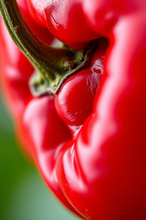 Create a hyper-realistic image of a red chili pepper, macro view, using a DSLR camera with a 100mm macro lens, aperture set to f/2.8, ISO 100, natural lighting to enhance texture and color vibrancy.
