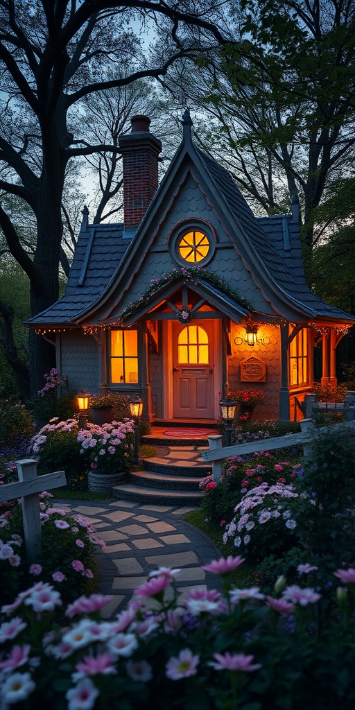 a whimsical fairytale cottage surrounded by blooming flowers and illuminated by soft, warm lights at dusk, with lush trees and a magical atmosphere, shot with a Canon EOS R5 at f/1.4, ISO 100, 24mm wide angle, high dynamic range, in a twilight setting for enhanced colors and depth.