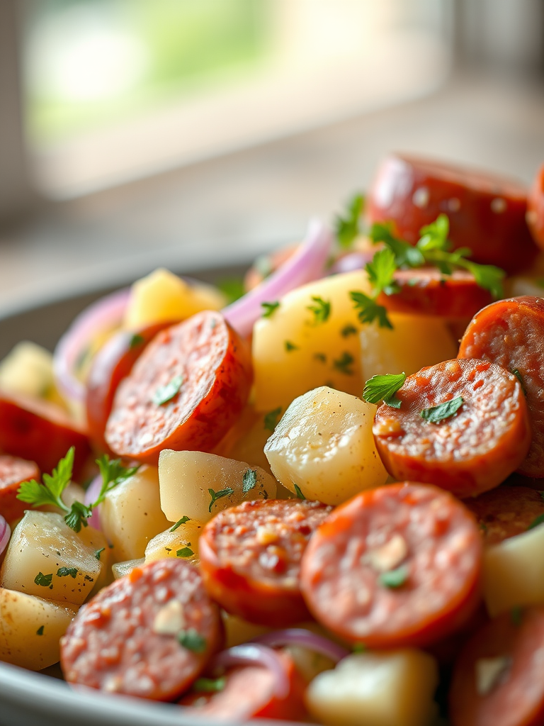 capture a vibrant close-up of a hearty potato salad with sliced sausages, garnished with red onions and fresh herbs, natural lighting, shallow depth of field, f/2.8 aperture, 50mm lens, ISO 200, soft focus background, enhance textures and colors