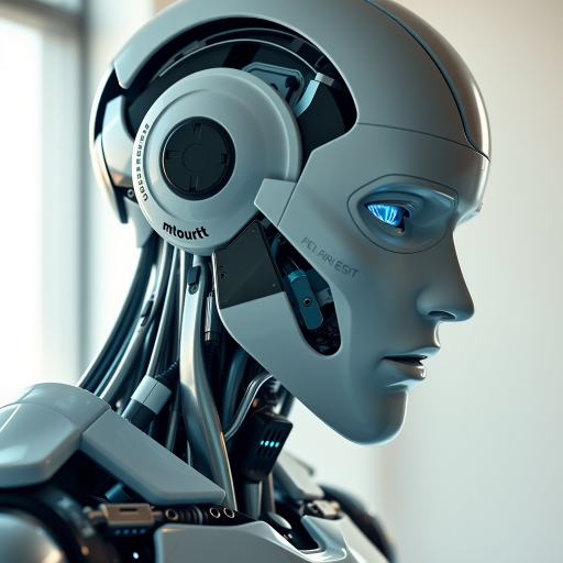 Create a hyper-realistic image of a humanoid robot with refined features and intricate internal circuitry, captured in soft natural lighting at f/1.8, ISO 100, 50mm lens, viewed from a 45-degree angle to showcase its profile, using a DSLR camera for high image quality.